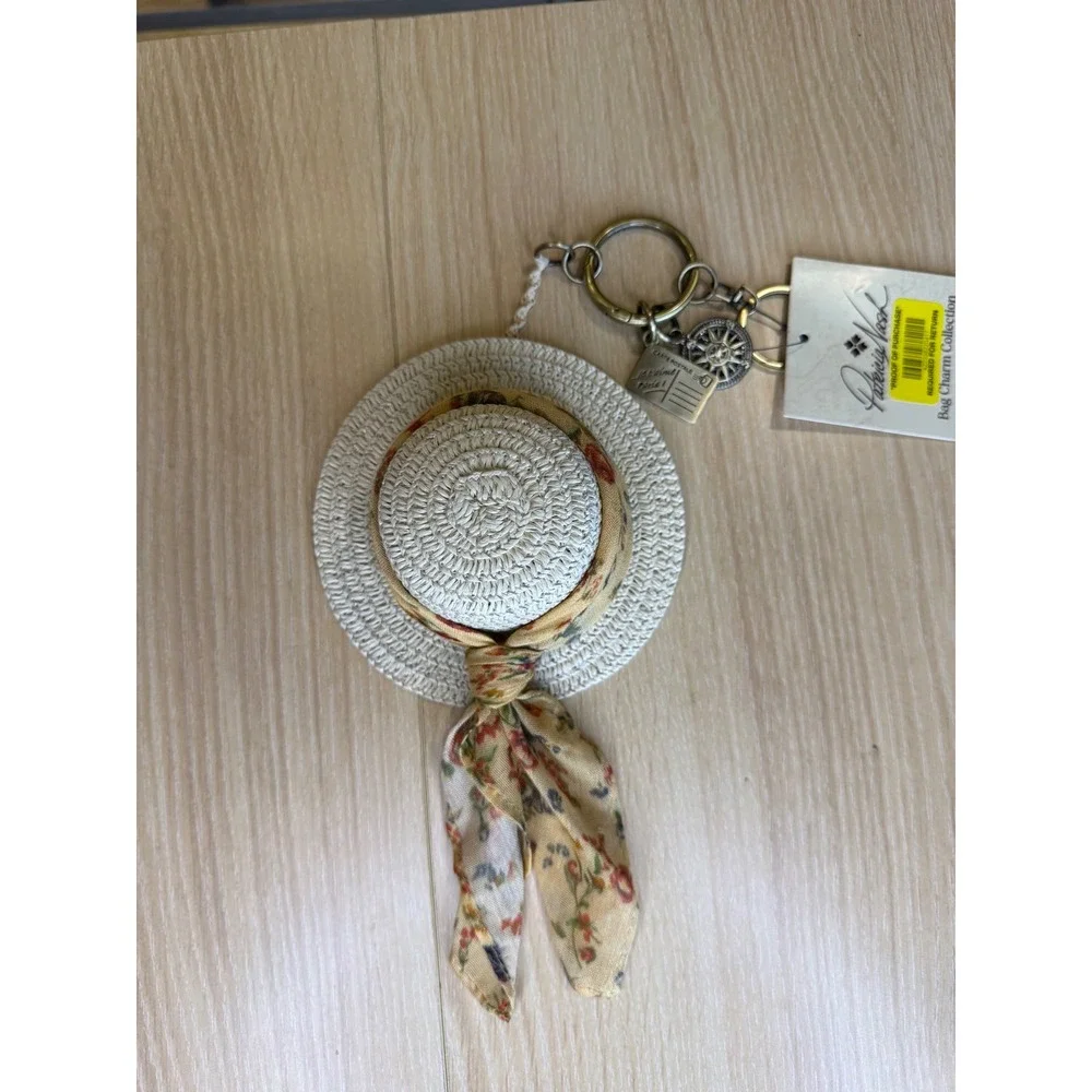 Patricia Nash Straw Hat Bag Charm Keychain Floral Scarf Antique Brass NWT